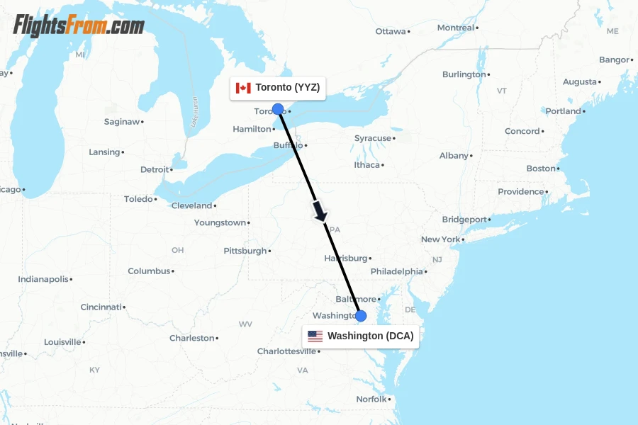 Flights from Toronto to Washington route map