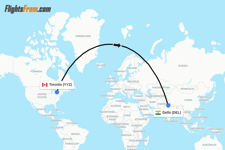 Flights from Toronto to Delhi route map
