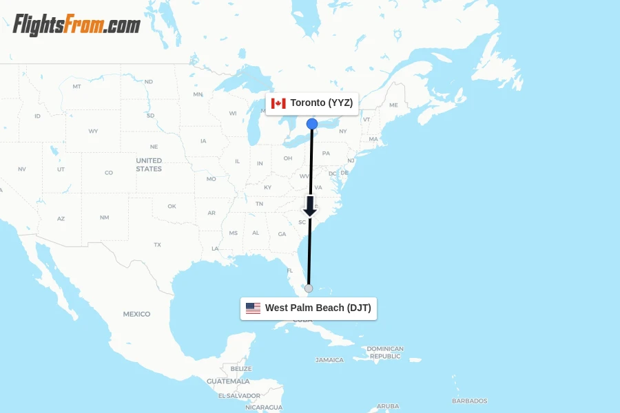 Flights from Toronto to West Palm Beach route map