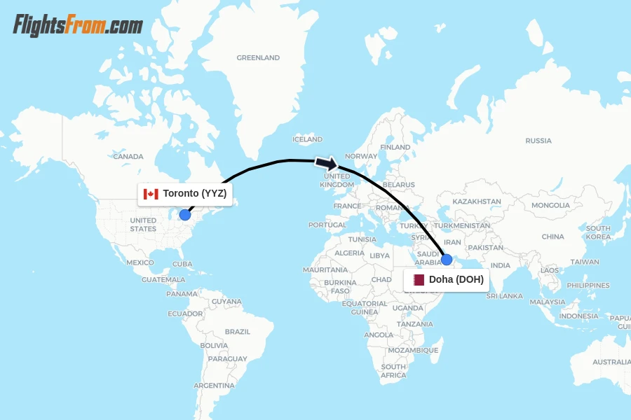 Flights from Toronto to Doha route map