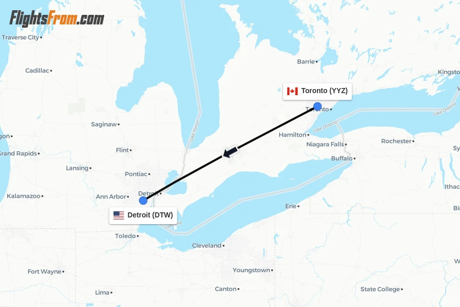 Flights from Toronto to Detroit route map