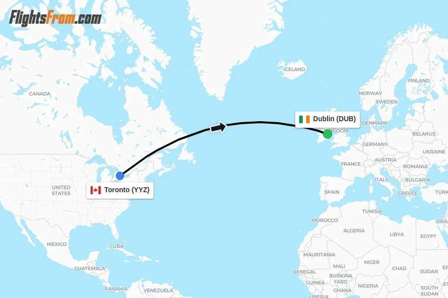 Flights from Toronto to Dublin route map
