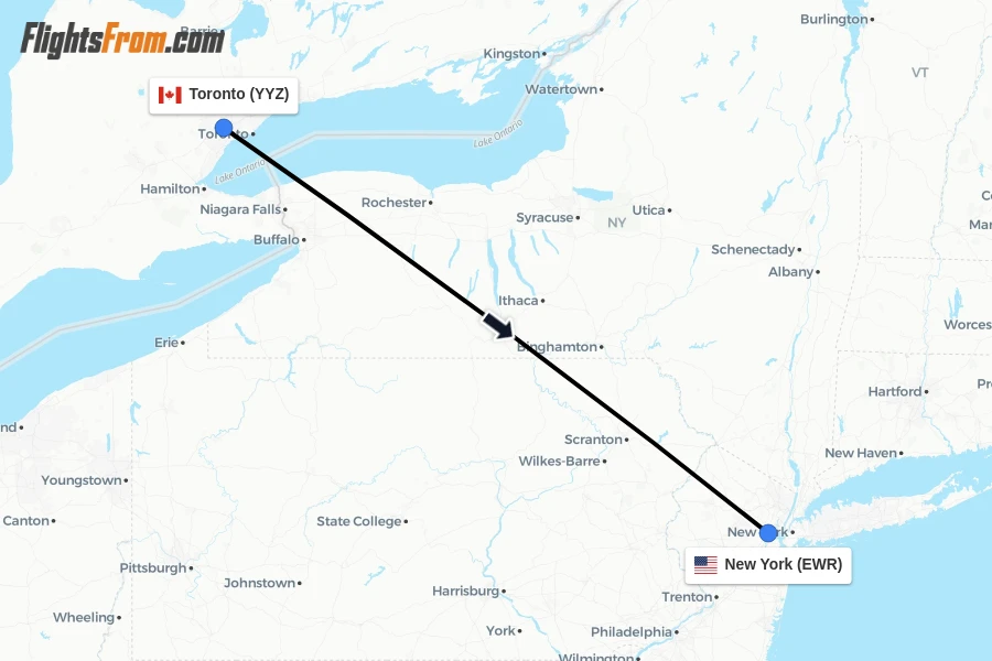 Flights from Toronto to New York route map