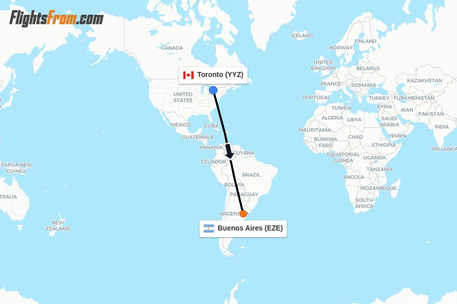 Flights from Toronto to Buenos Aires route map