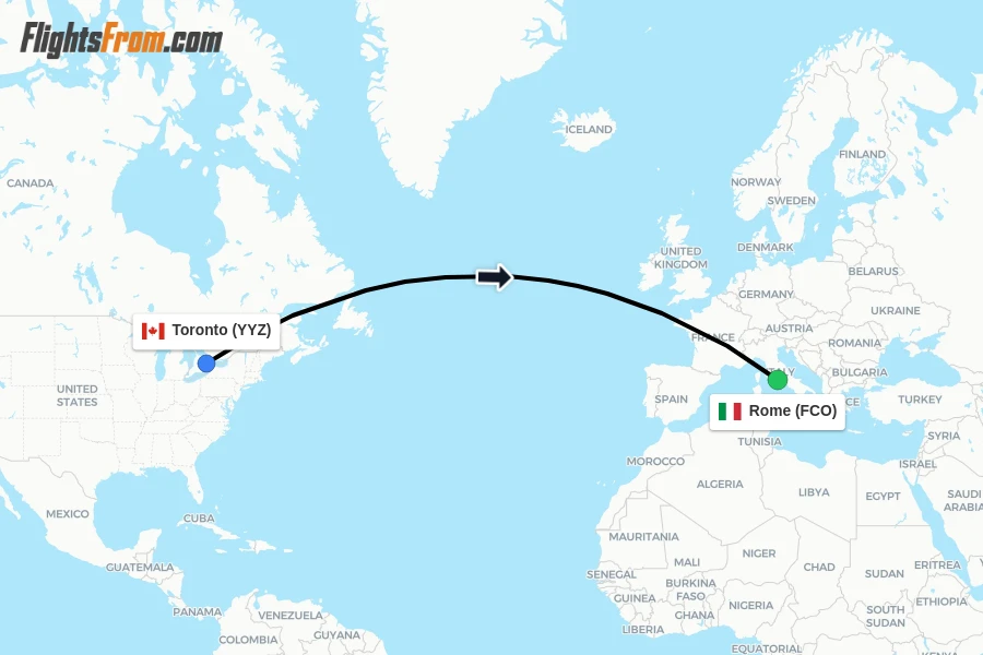 Flights from Toronto to Rome route map