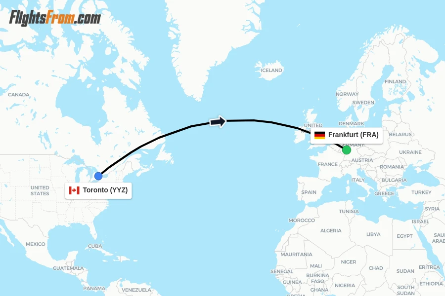 Flights from Toronto to Frankfurt route map