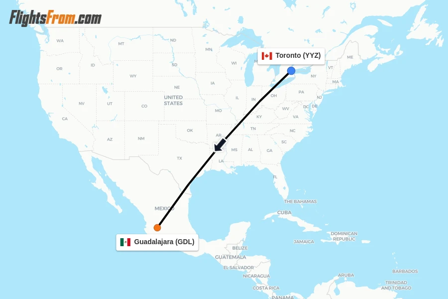 Flights from Toronto to Guadalajara route map