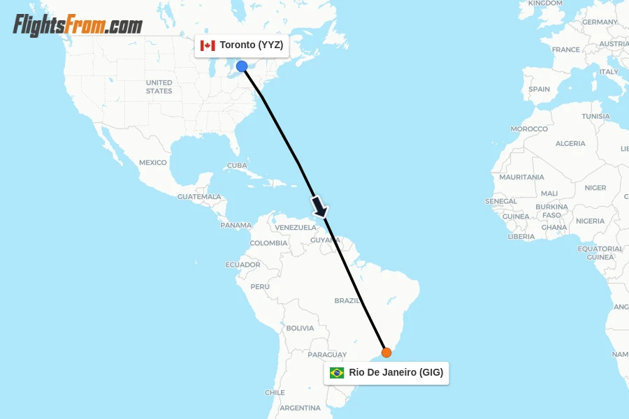 Flights from Toronto to Rio De Janeiro route map