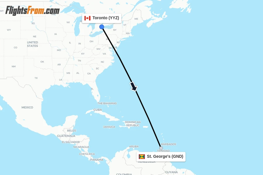 Flights from Toronto to St. George's route map