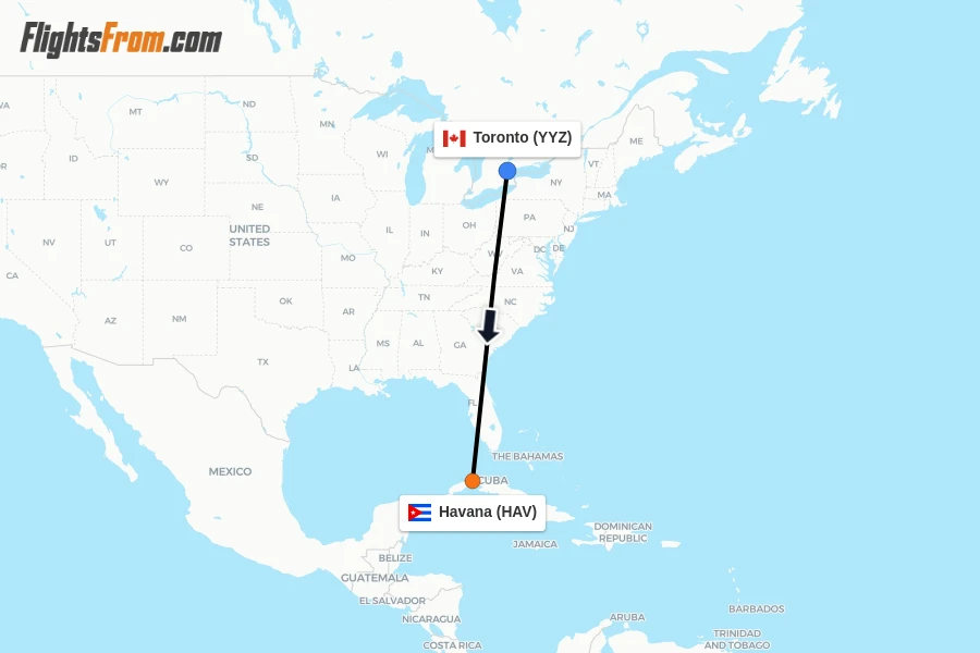 Flights from Toronto to Havana route map