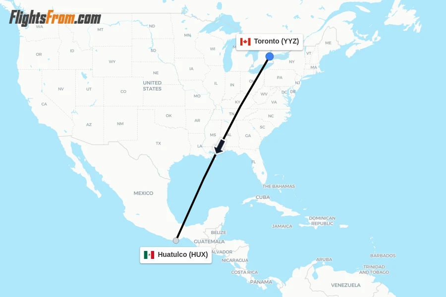 Flights from Toronto to Huatulco route map
