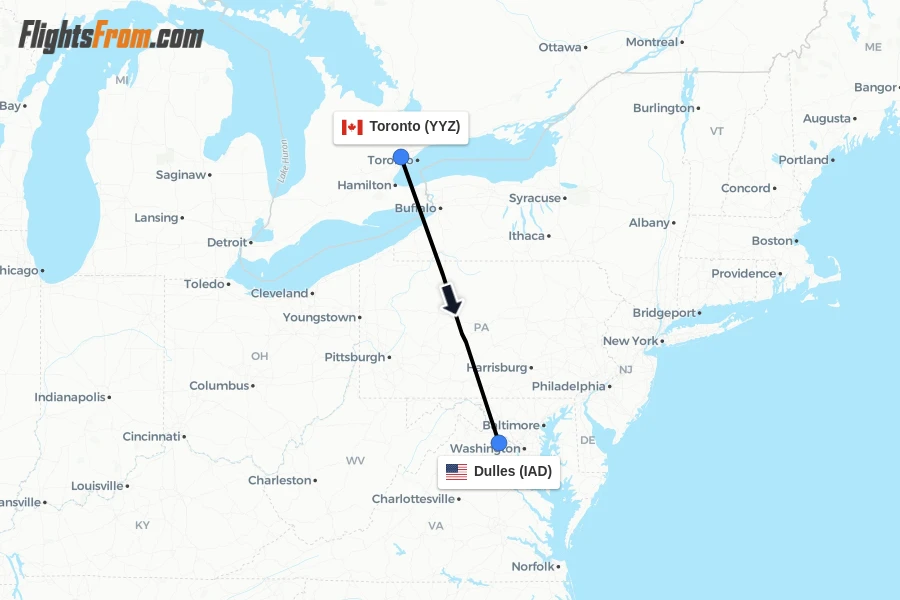 Flights from Toronto to Dulles route map