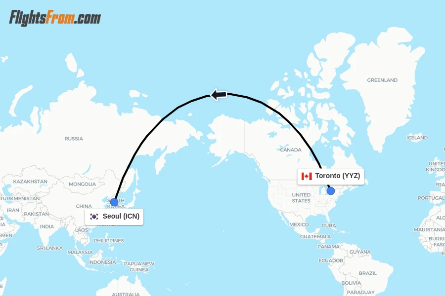 Flights from Toronto to Seoul route map