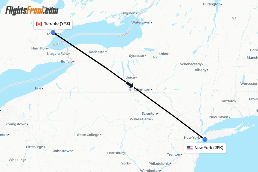 Flights from Toronto to New York route map
