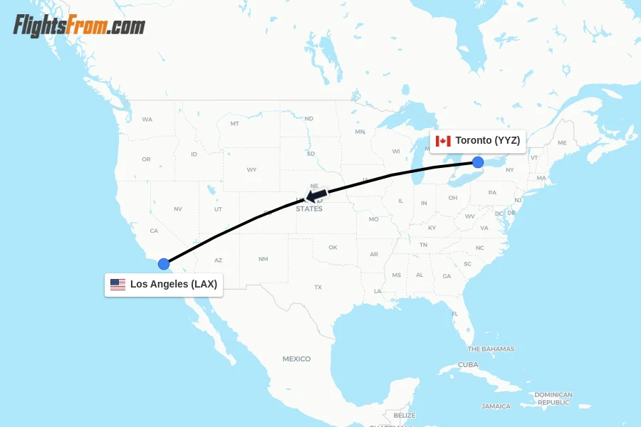 Flights from Toronto to Los Angeles route map