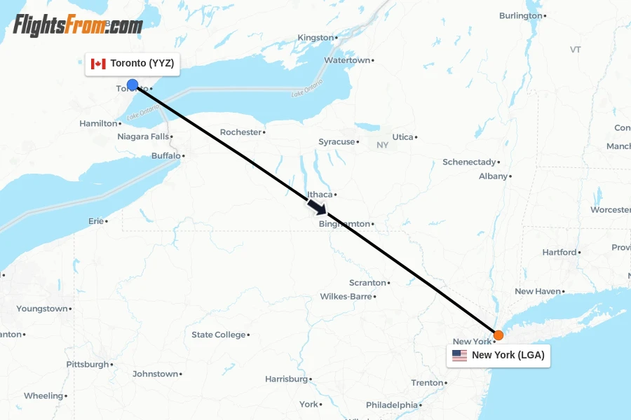 Flights from Toronto to New York route map