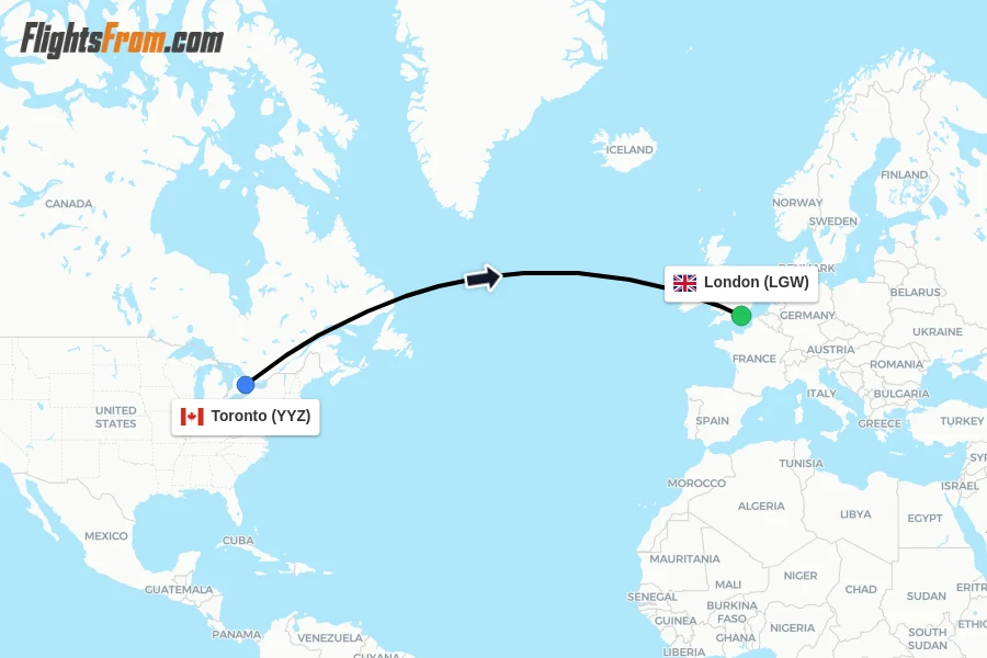 Flights from Toronto to London route map