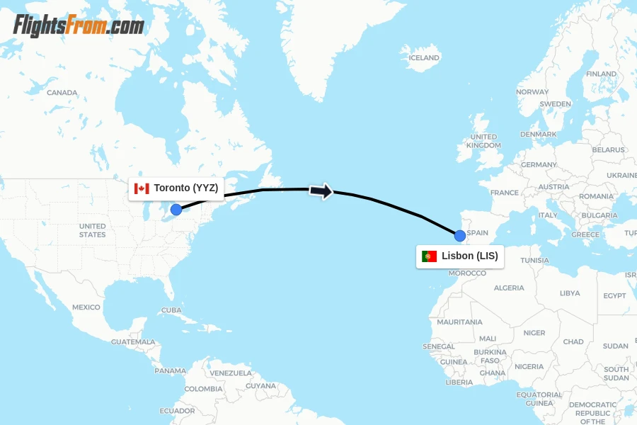 Flights from Toronto to Lisbon route map