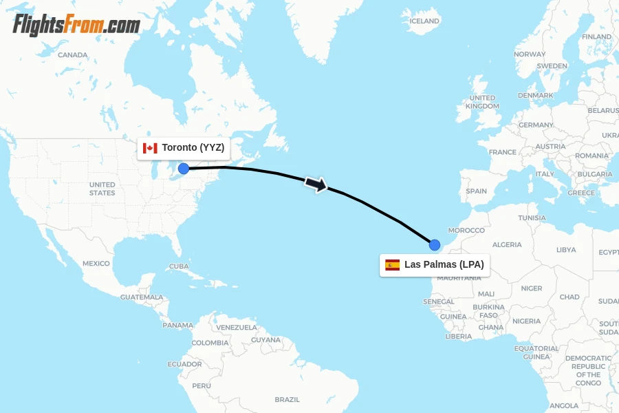 Flights from Toronto to Las Palmas route map