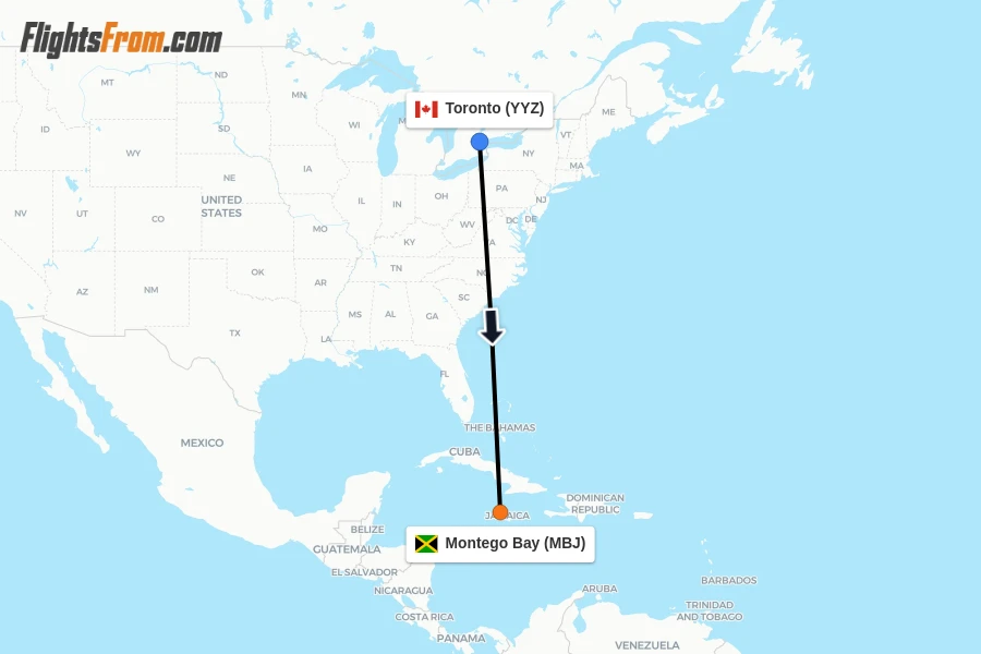 Flights from Toronto to Montego Bay route map