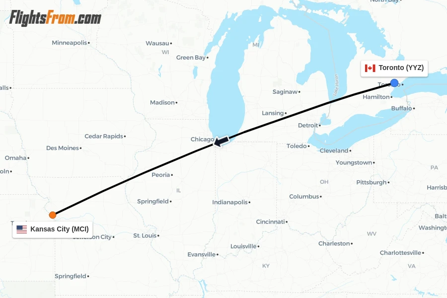 Flights from Toronto to Kansas City route map