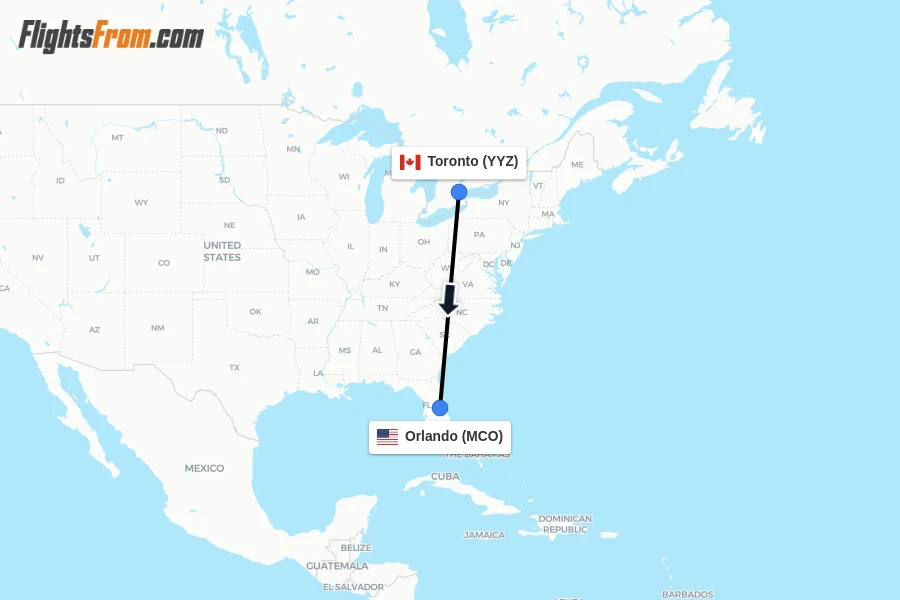 Flights from Toronto to Orlando route map