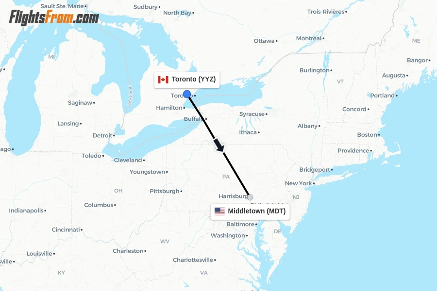 Flights from Toronto to Middletown route map