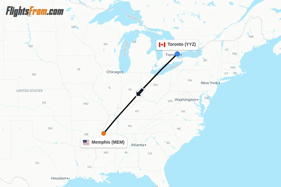 Flights from Toronto to Memphis route map