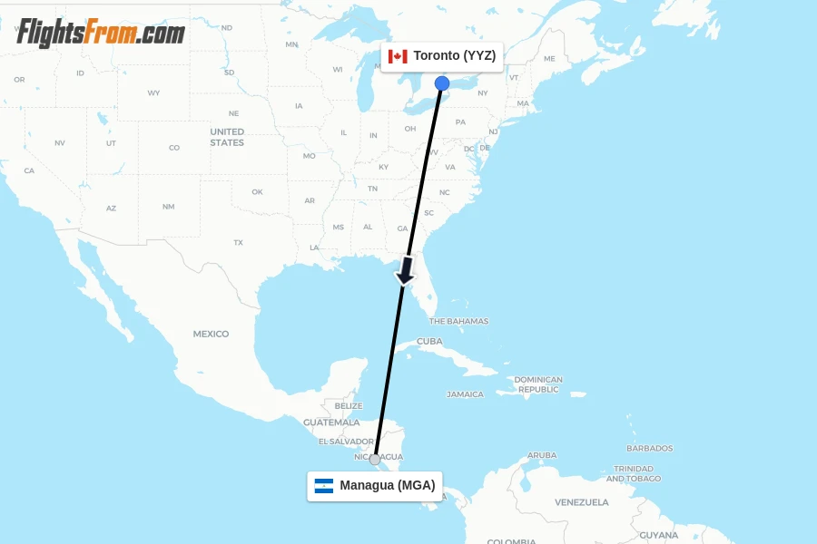 Flights from Toronto to Managua route map