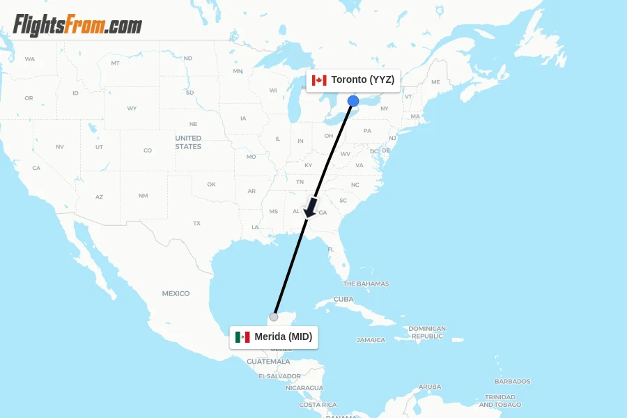 Flights from Toronto to Merida route map