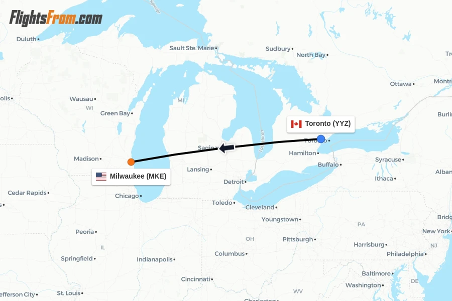Flights from Toronto to Milwaukee route map