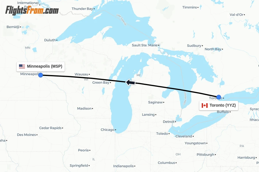 Flights from Toronto to Minneapolis route map