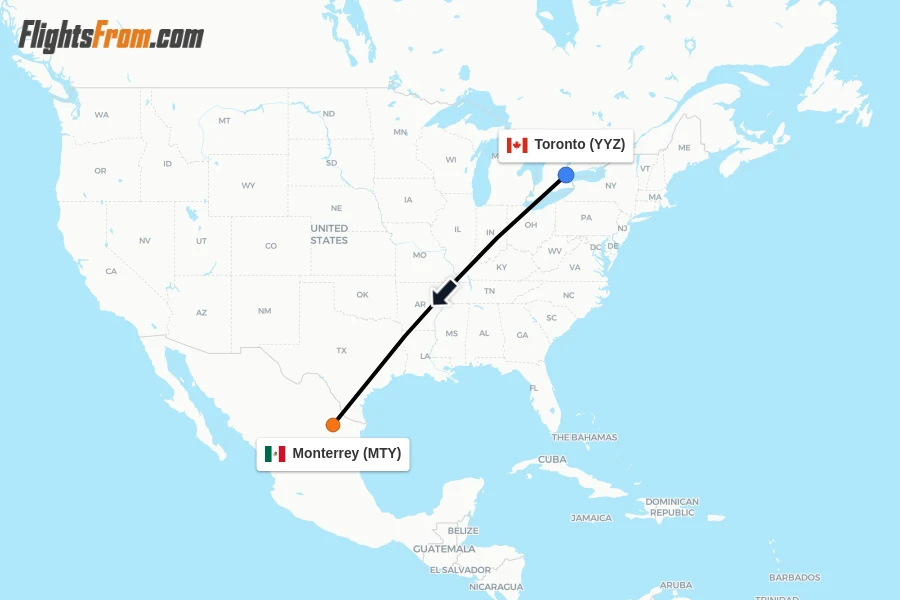 Flights from Toronto to Monterrey route map