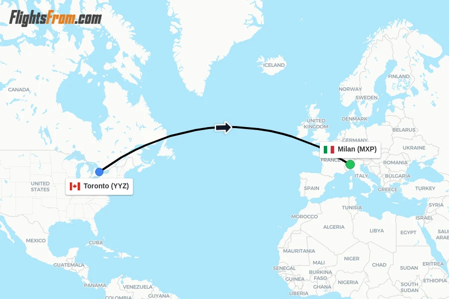 Flights from Toronto to Milan route map
