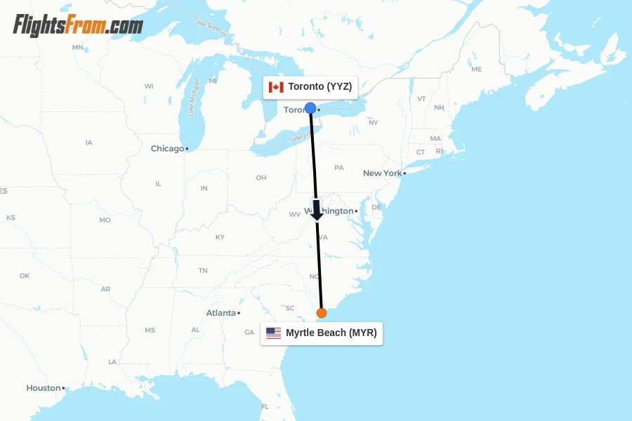 Flights from Toronto to Myrtle Beach route map