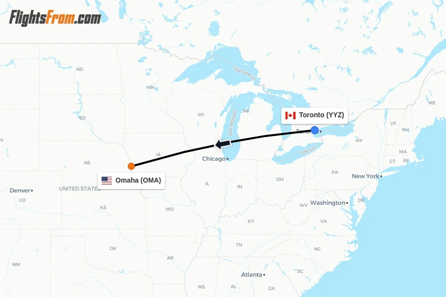 Flights from Toronto to Omaha route map