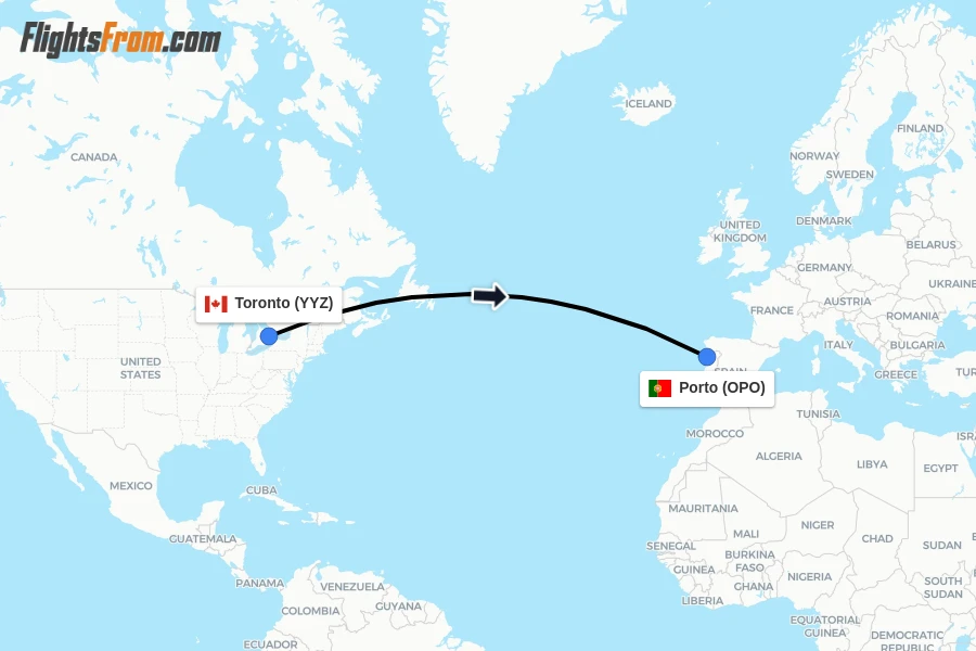 Flights from Toronto to Porto route map
