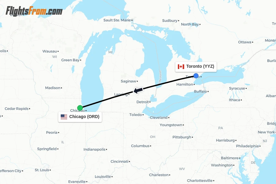 Flights from Toronto to Chicago route map