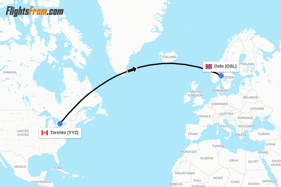 Flights from Toronto to Oslo route map