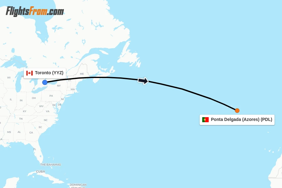 Flights from Toronto to Ponta Delgada (Azores) route map