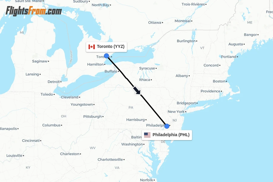 Flights from Toronto to Philadelphia route map