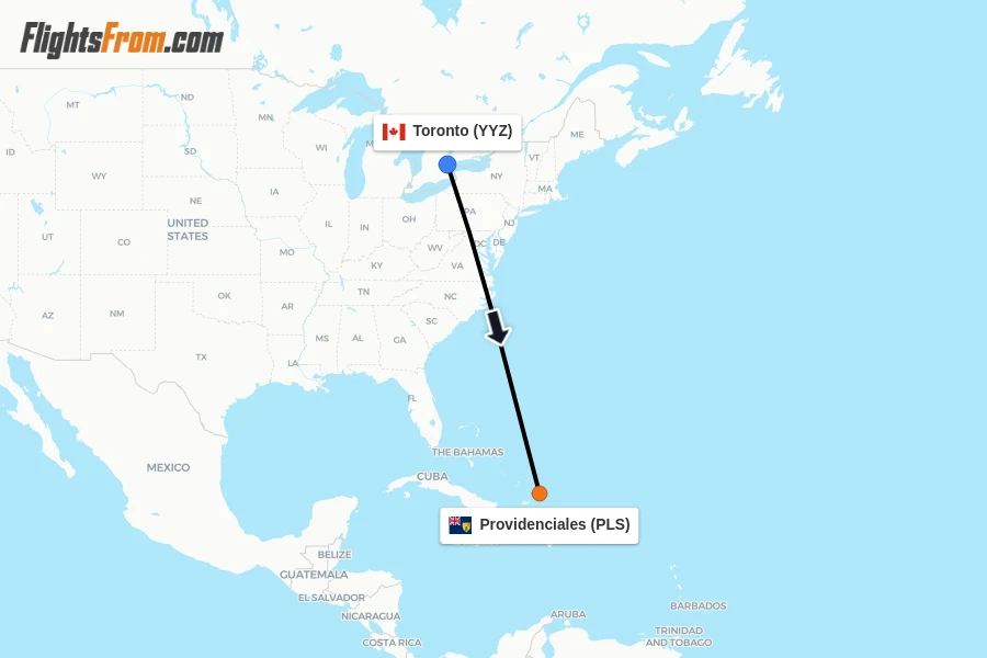 Flights from Toronto to Providenciales route map