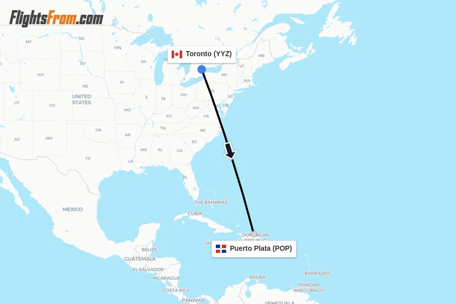 Flights from Toronto to Puerto Plata route map