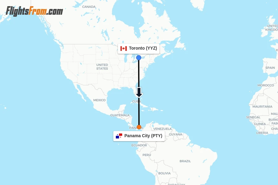 Flights from Toronto to Panama City route map