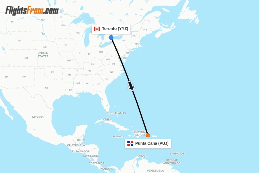 Flights from Toronto to Punta Cana route map