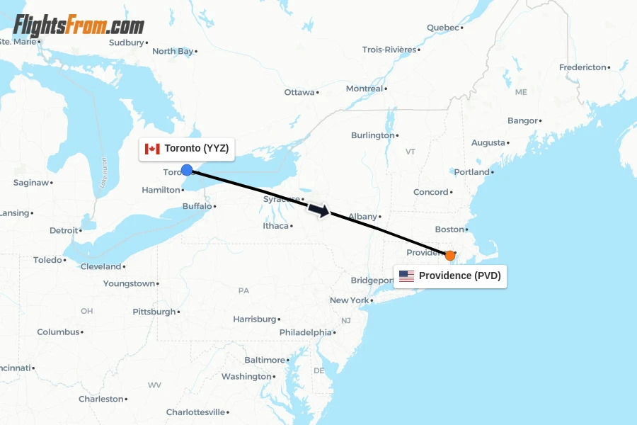 Flights from Toronto to Providence route map