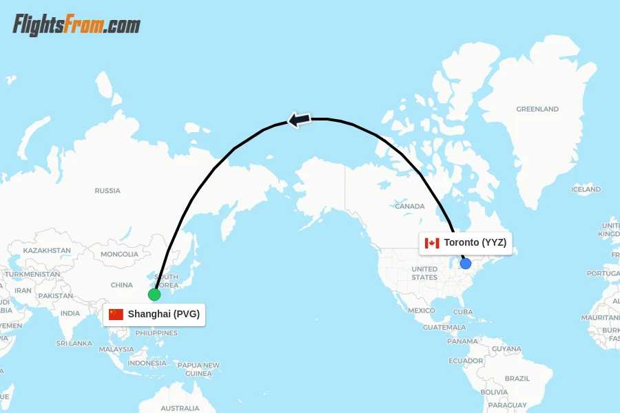 Flights from Toronto to Shanghai route map