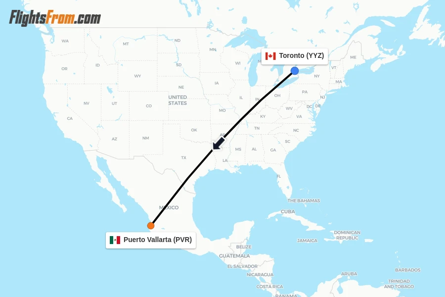 Flights from Toronto to Puerto Vallarta route map