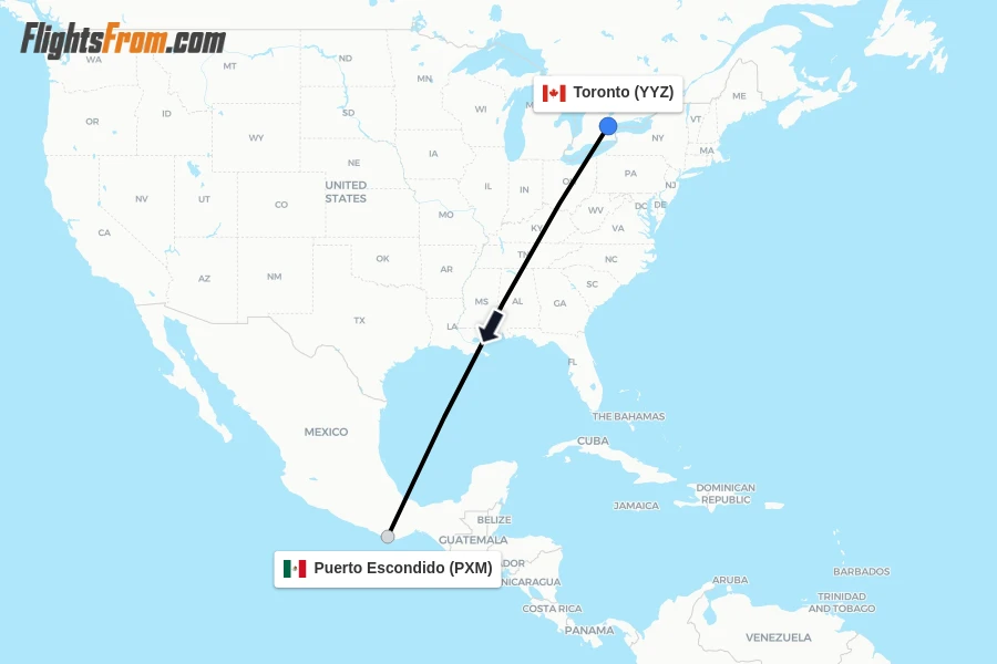 Flights from Toronto to Puerto Escondido route map