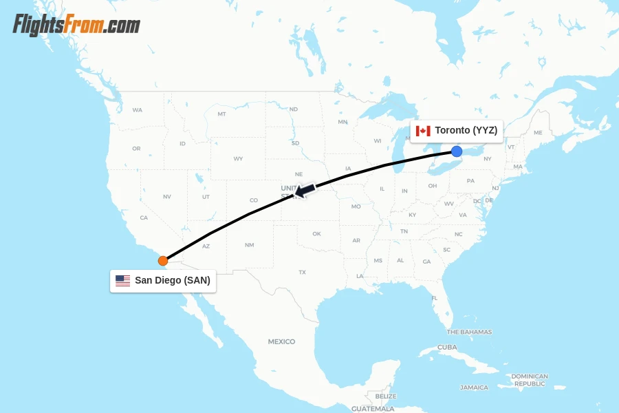 Flights from Toronto to San Diego route map